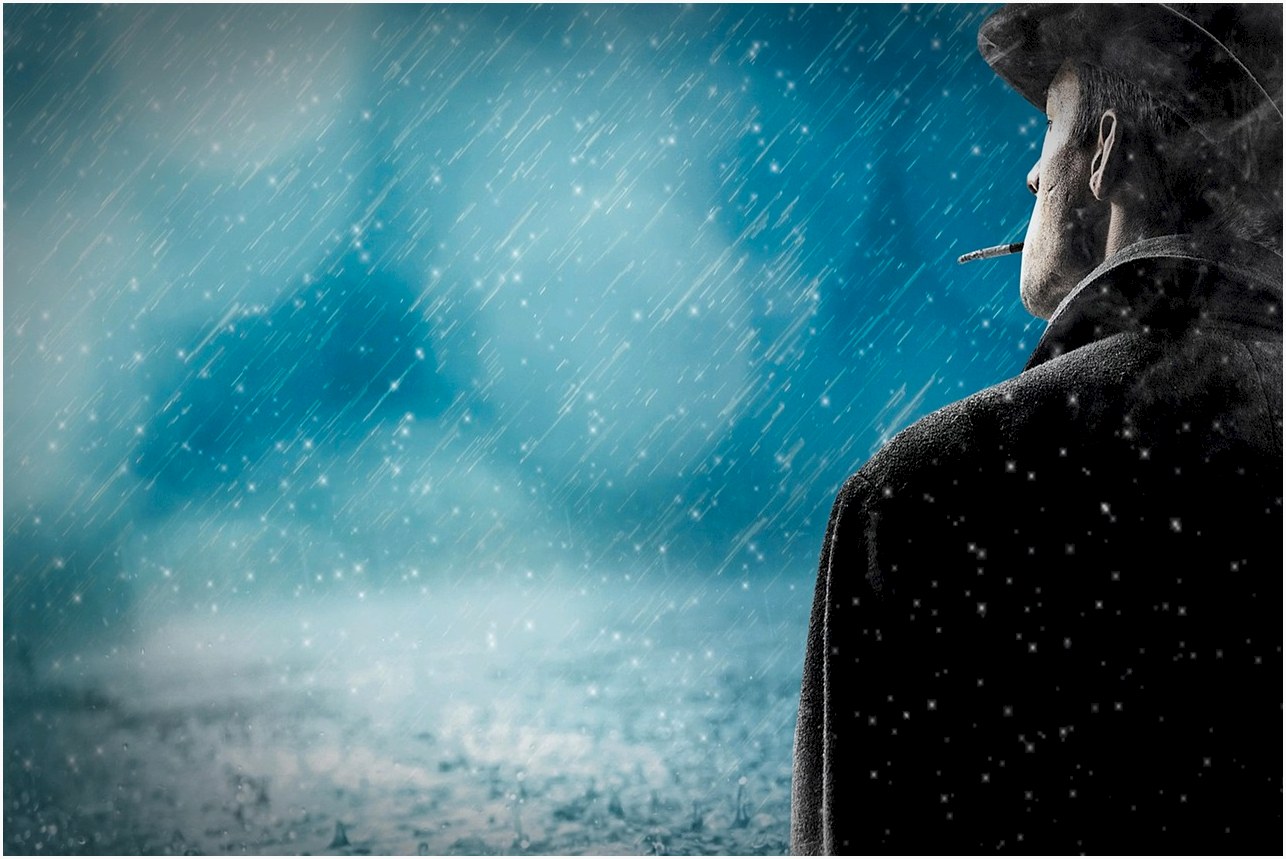 man, rain, snow rain, alone, cigarette, hat, silhouette, nature, lonely, mood, male, person, hd wallpaper, depression, sad, thoughtful, composing, direction of view, weather, 4k wallpaper